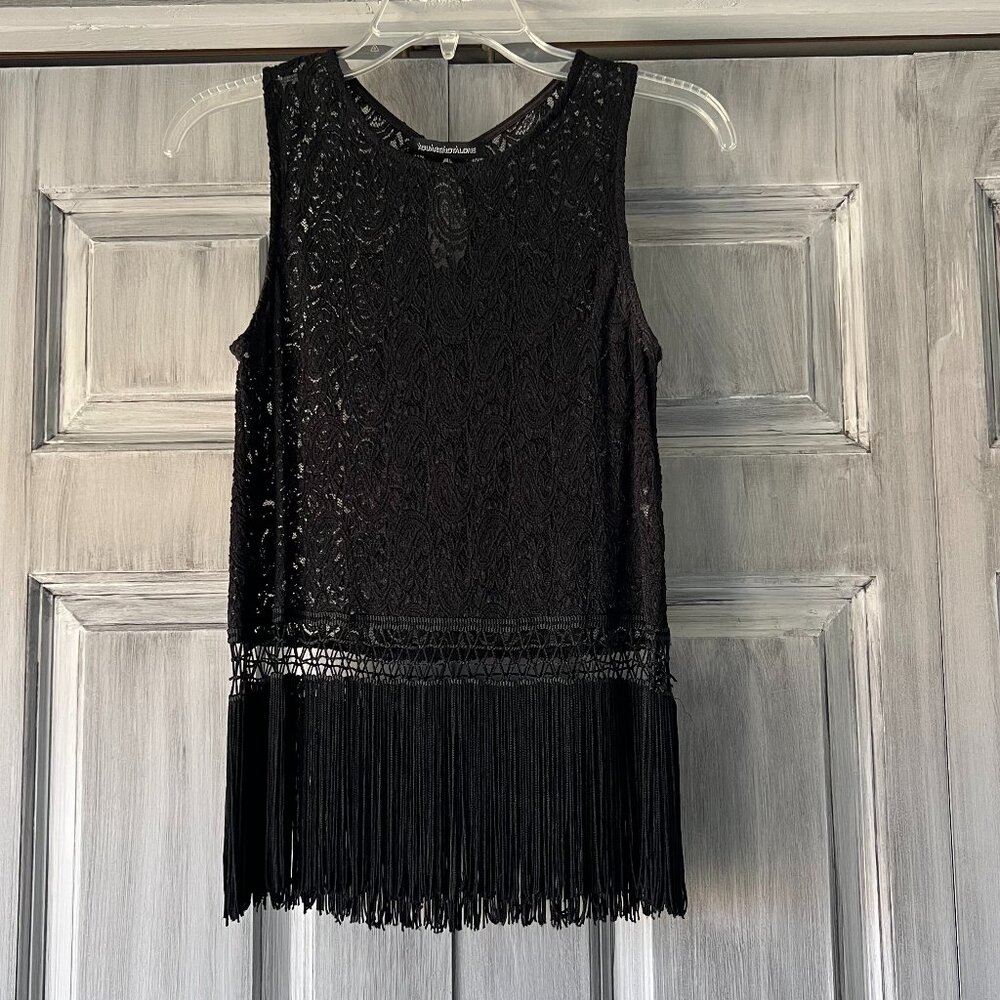 Black Sleeveless Lace Top with Black Fringe and Sexy Key Hole Back.  Size M